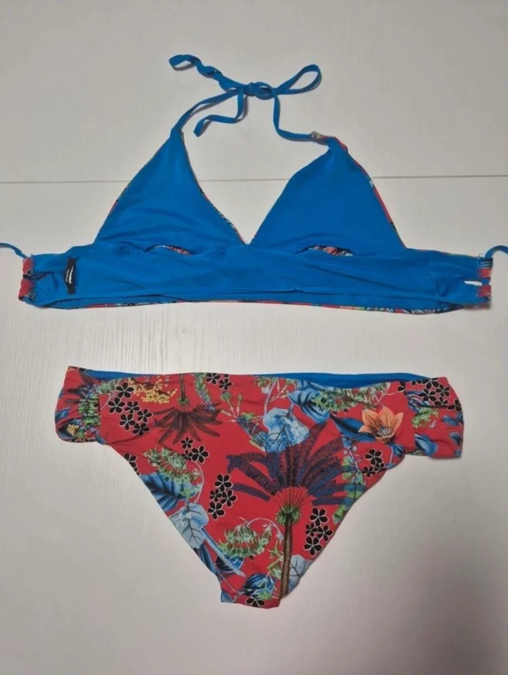 Girls' Red Tropical Floral Two-Piece Bikini with Blue Trim